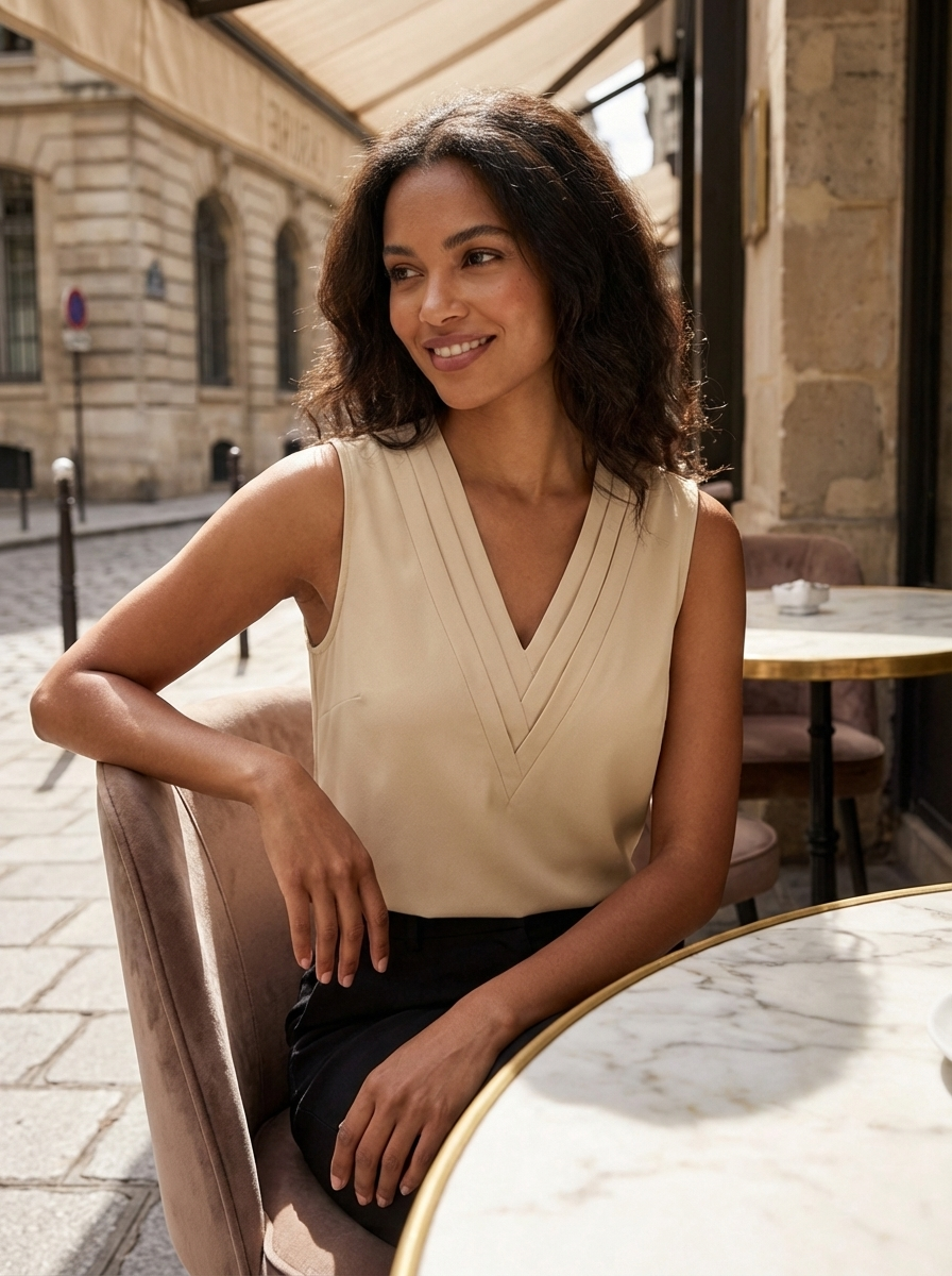 Dames Mouwloze Top met Diepe V-hals en Plooidetails Beige