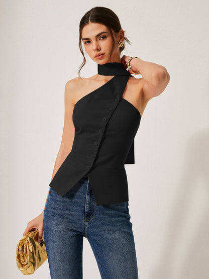 Dames Mouwloze Vest Top met Halternek en Asymmetrische Sluiting