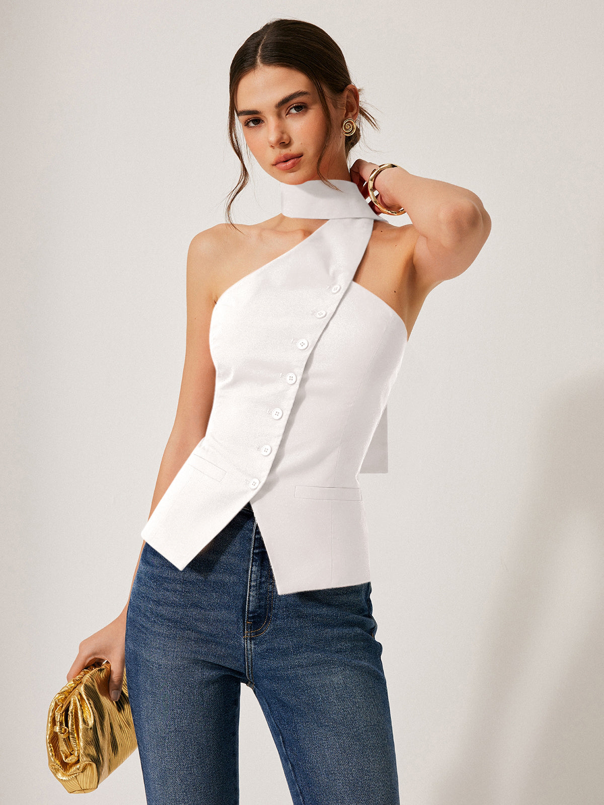 Dames Mouwloze Vest Top met Halternek en Asymmetrische Sluiting