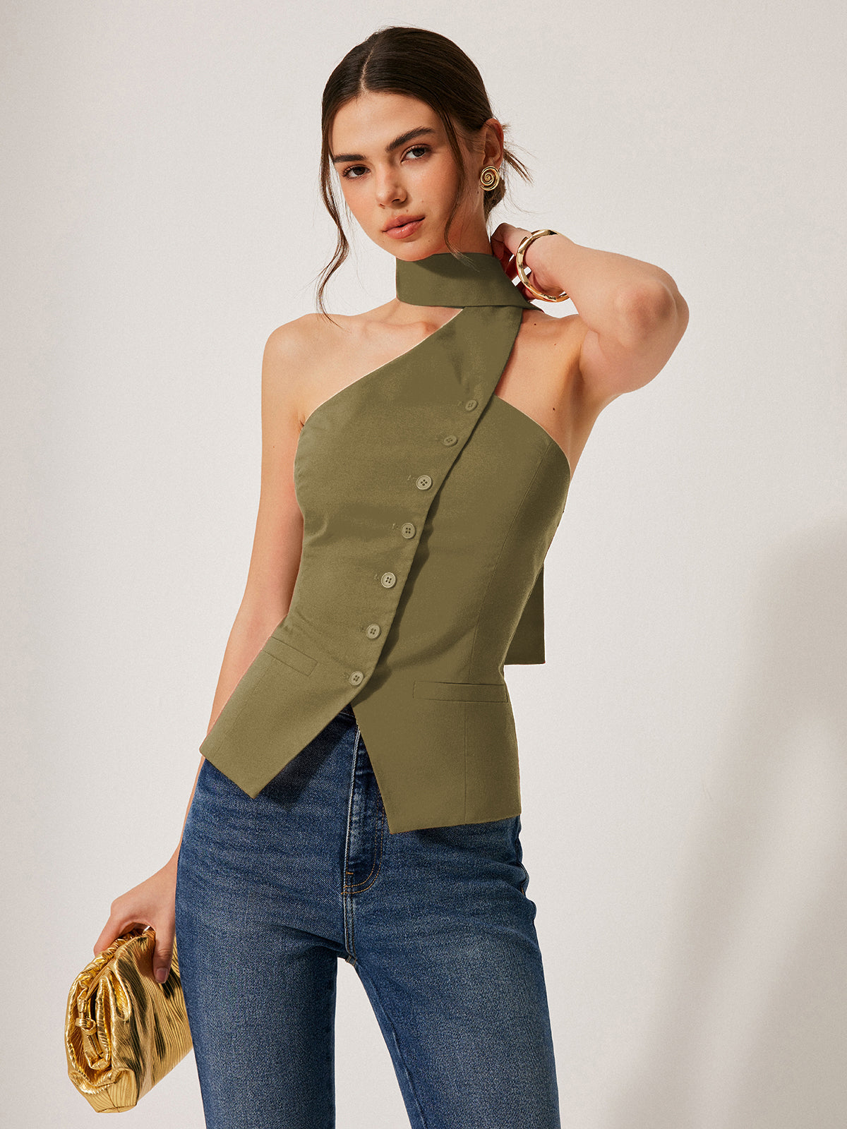 Dames Mouwloze Vest Top met Halternek en Asymmetrische Sluiting