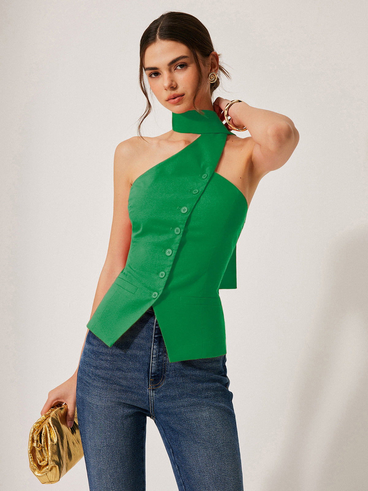 Dames Mouwloze Vest Top met Halternek en Asymmetrische Sluiting
