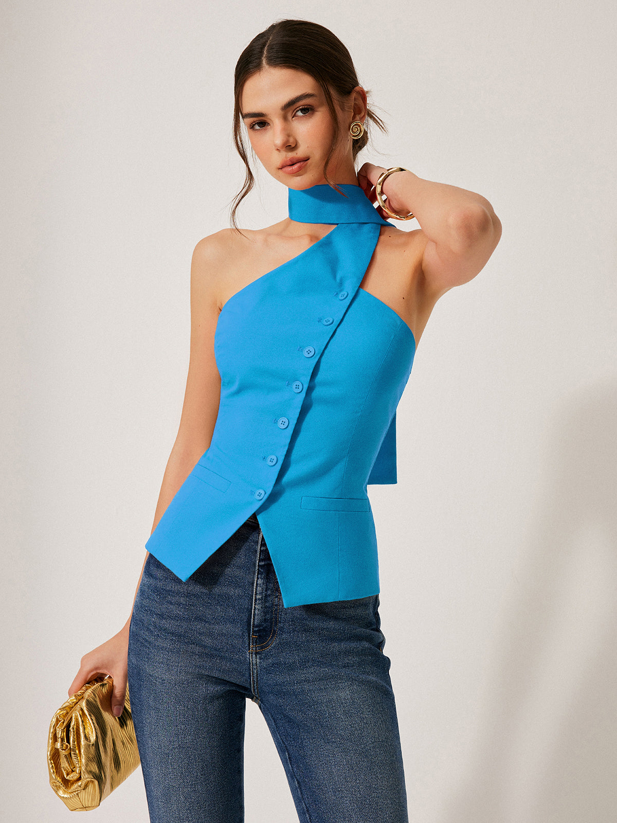 Dames Mouwloze Vest Top met Halternek en Asymmetrische Sluiting