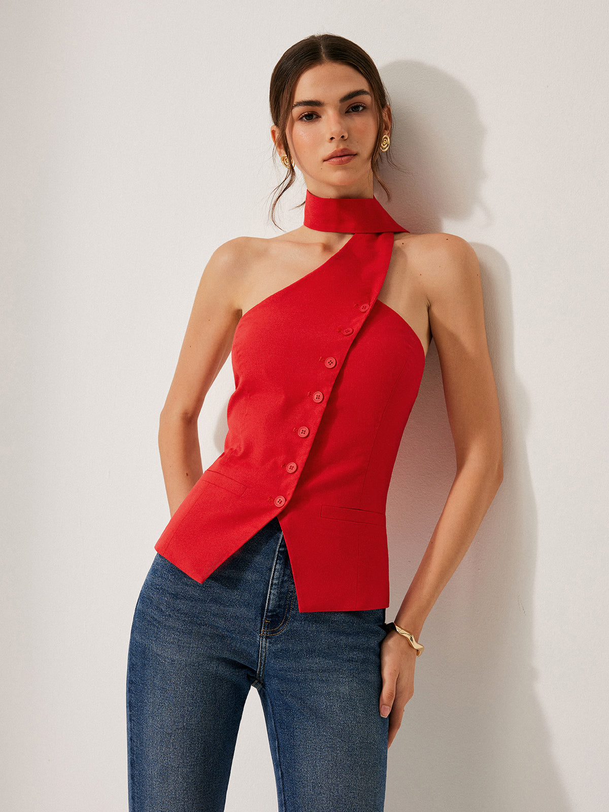 Dames Mouwloze Vest Top met Halternek en Asymmetrische Sluiting