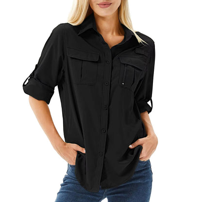 Dames Outdoor shirt met Lange Mouw, Oprolbare Mouwen Zwart