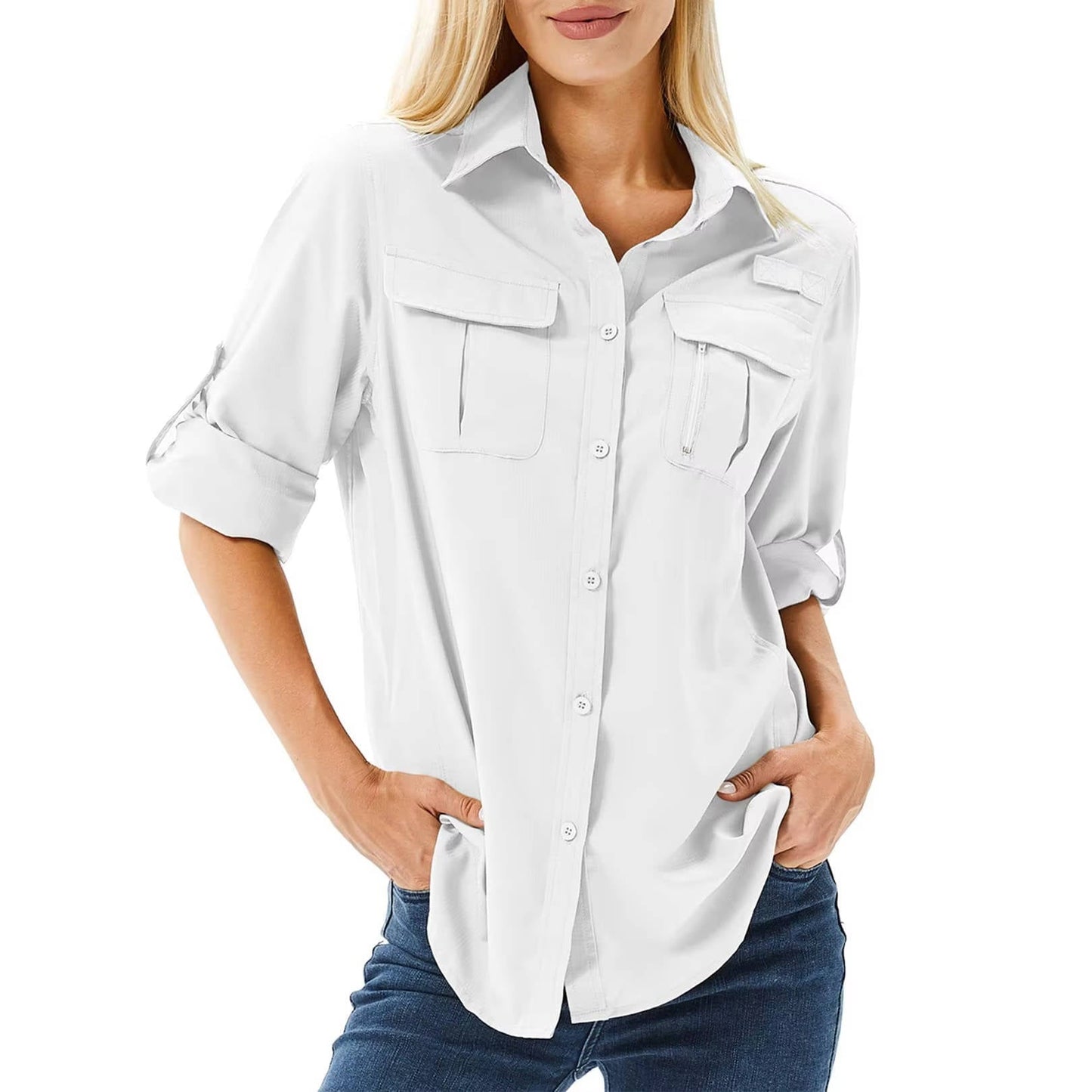 Dames Outdoor shirt met Lange Mouw, Oprolbare Mouwen Wit