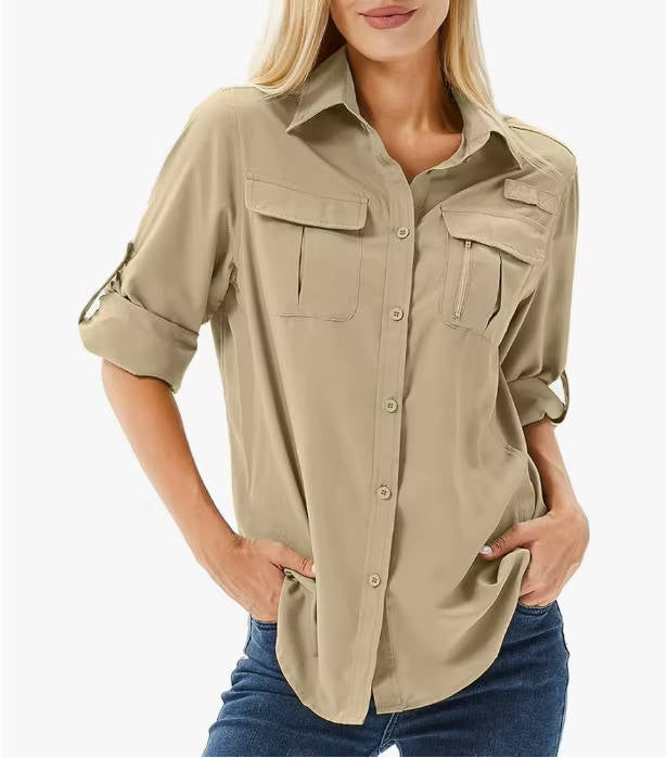 Dames Outdoor shirt met Lange Mouw, Oprolbare Mouwen Zandbeige