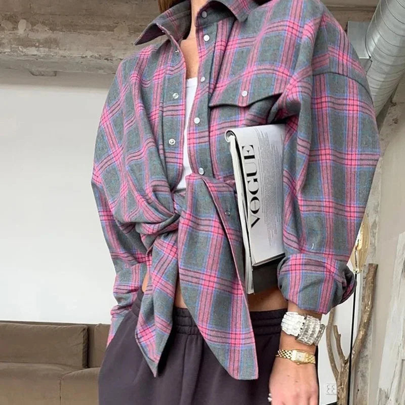 Dames Overhemd Geruit Oversized Lange Mouw met Knoopsluiting