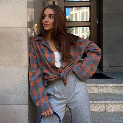 Dames Overhemd Geruit Oversized Lange Mouw met Knoopsluiting Oranje