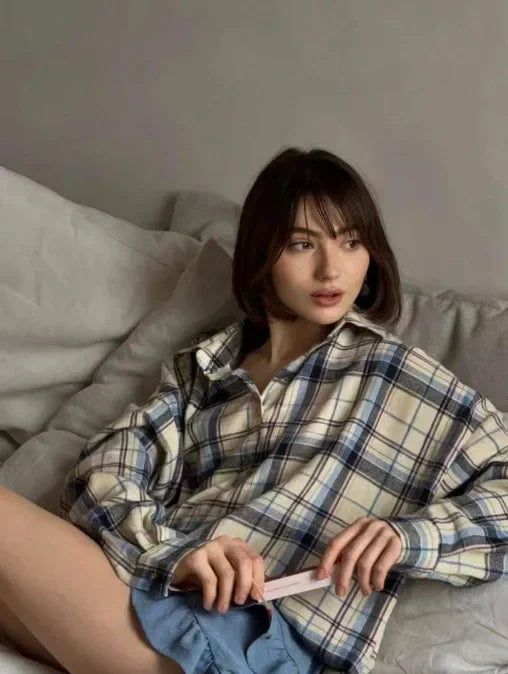 Dames Overhemd Geruit Oversized Lange Mouw met Knoopsluiting Khaki