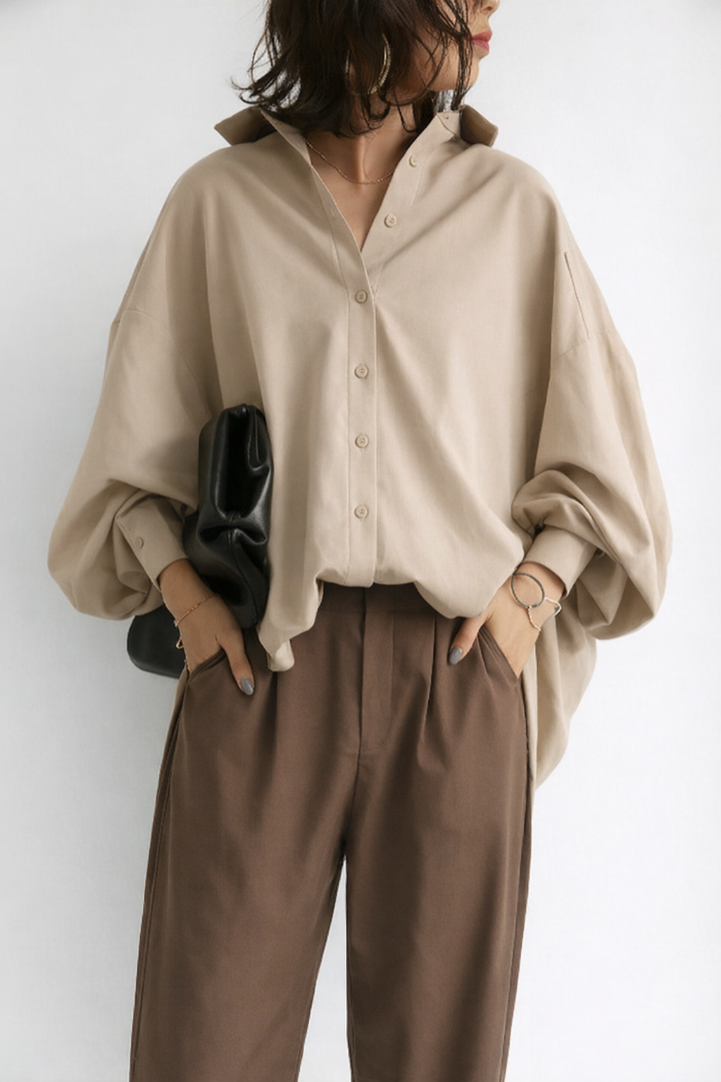 Dames Oversized Blouse met Lange Mouw en Ballonmouwen Khaki