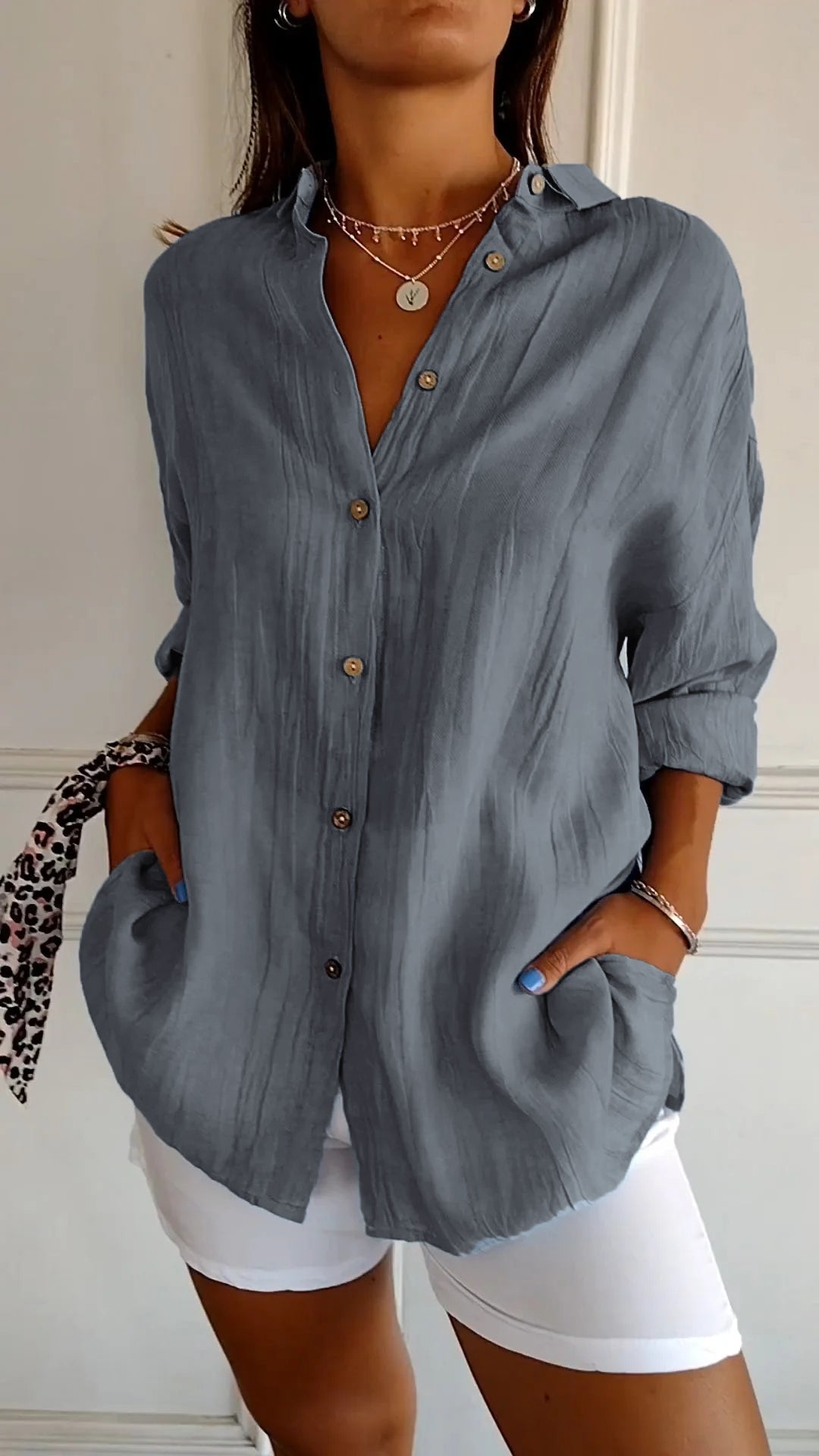 Dames Oversized shirt met Lange Mouwen en Zijzakken Grijs