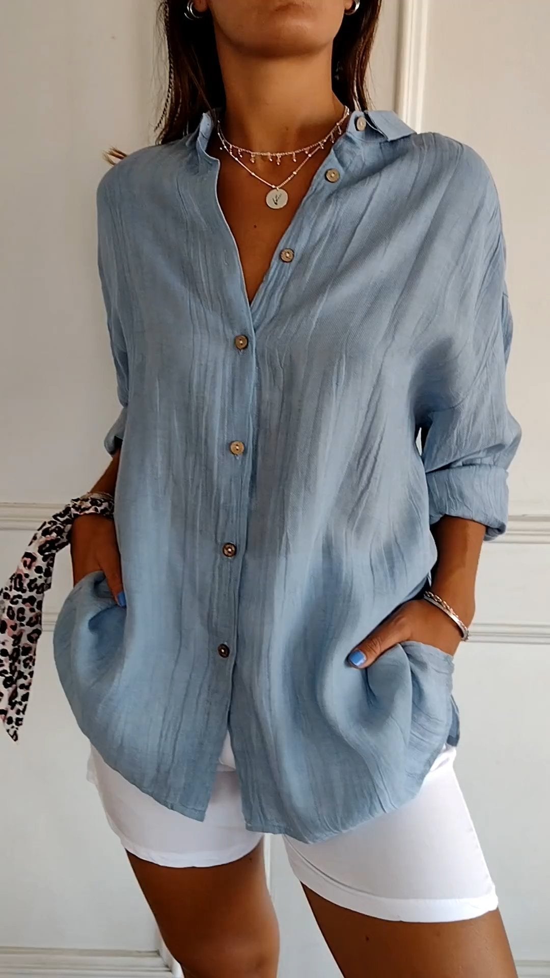 Dames Oversized shirt met Lange Mouwen en Zijzakken Blauw