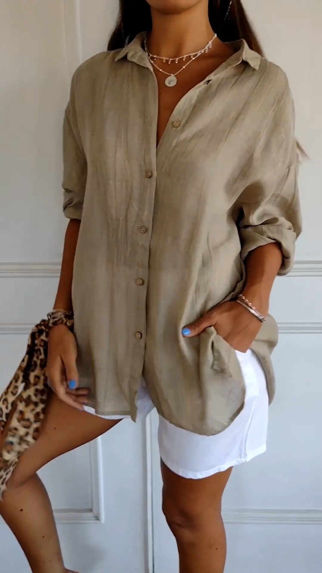 Dames Oversized shirt met Lange Mouwen en Zijzakken Bruin