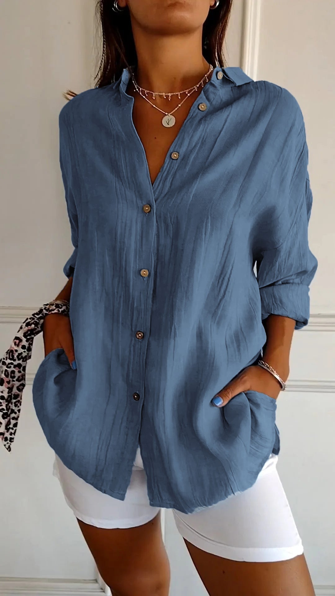 Dames Oversized shirt met Lange Mouwen en Zijzakken Donkerblauw