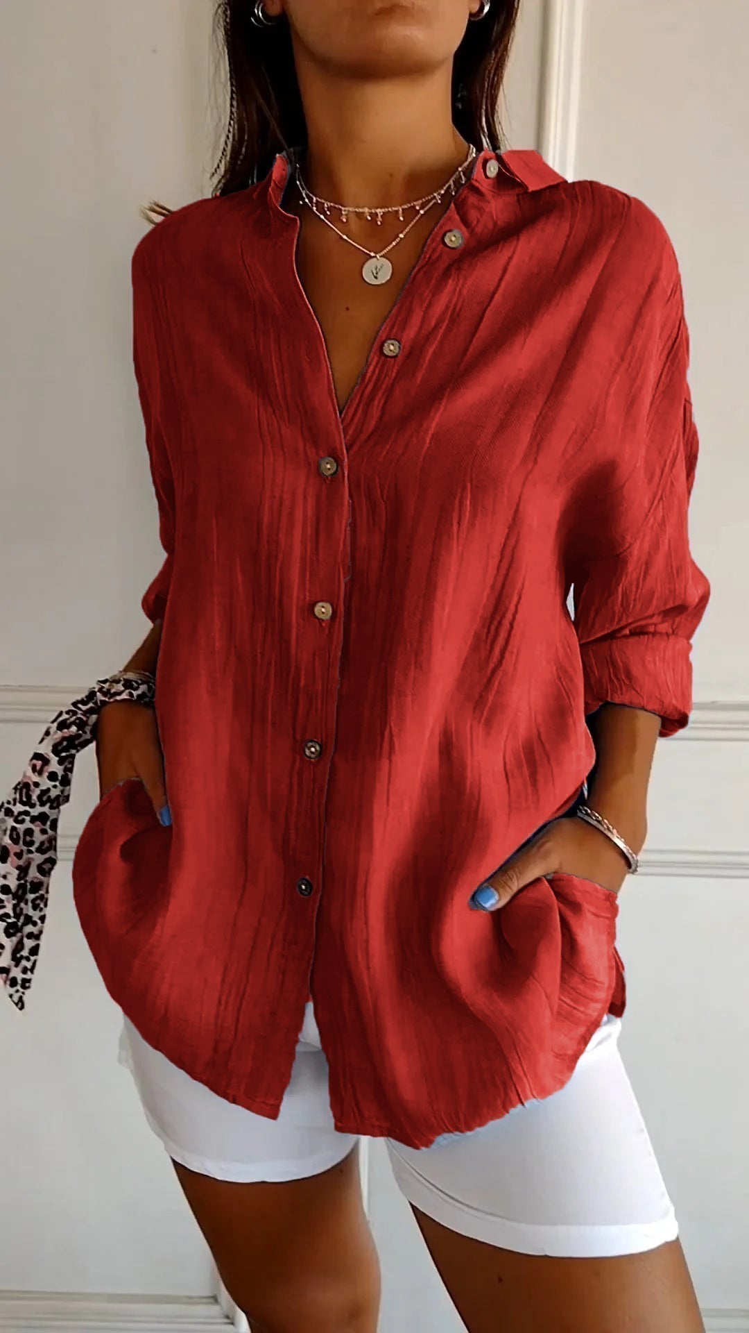 Dames Oversized shirt met Lange Mouwen en Zijzakken Rood