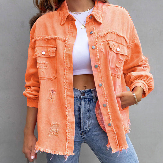Dames Oversized Spijkerjack met Distressed Details en Rafelige Randen Oranje