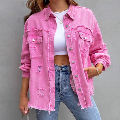 Dames Oversized Spijkerjack met Distressed Details en Rafelige Randen Roze