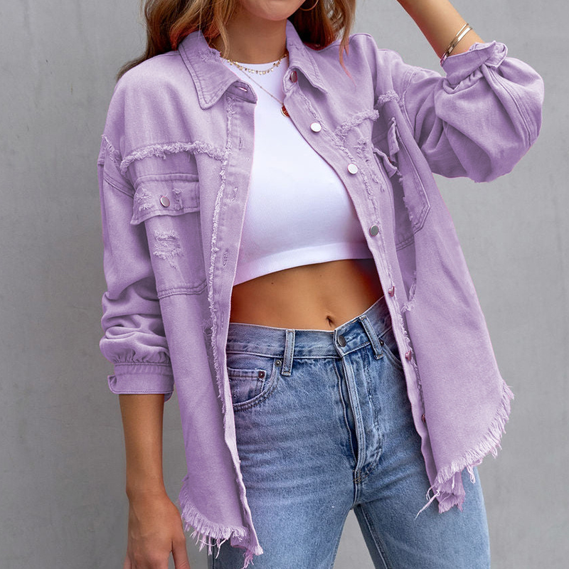 Dames Oversized Spijkerjack met Distressed Details en Rafelige Randen Paars