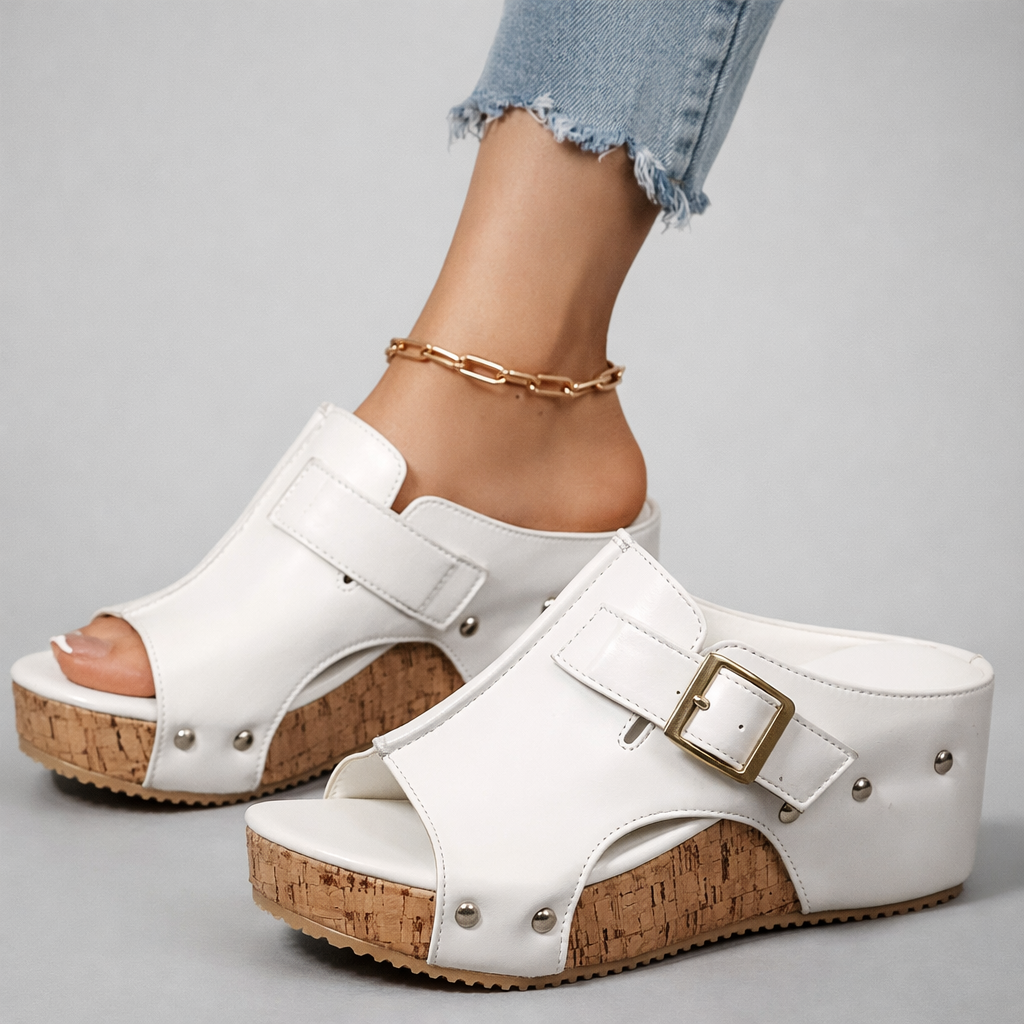 Dames Platform Sandalen met Gesp en Kurken Wedge Zool Wit