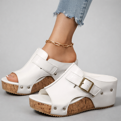 Dames Platform Sandalen met Gesp en Kurken Wedge Zool Wit