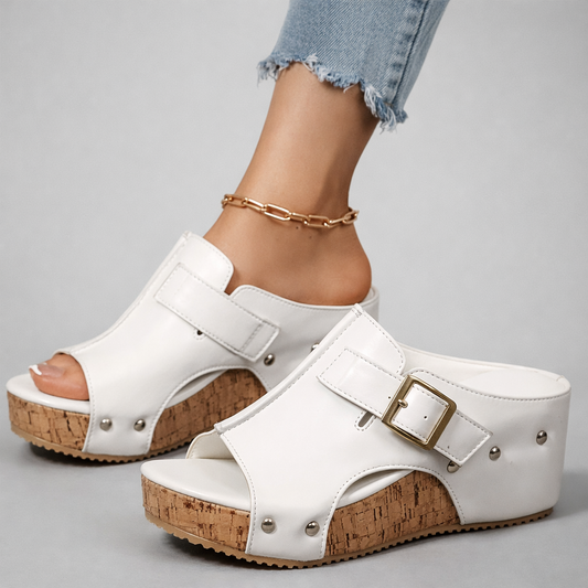 Dames Platform Sandalen met Gesp en Kurken Wedge Zool Wit