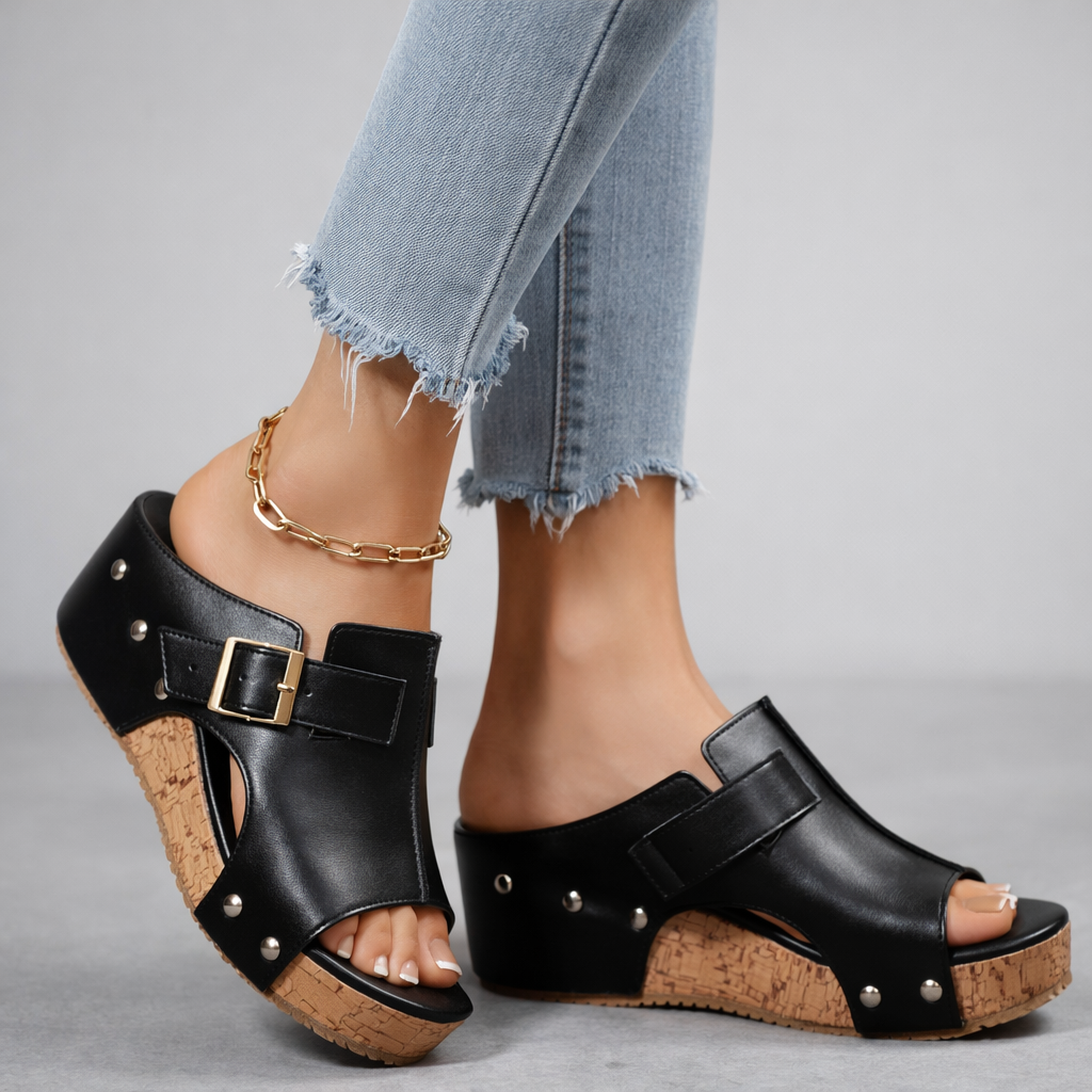 Dames Platform Sandalen met Gesp en Kurken Wedge Zool Zwart