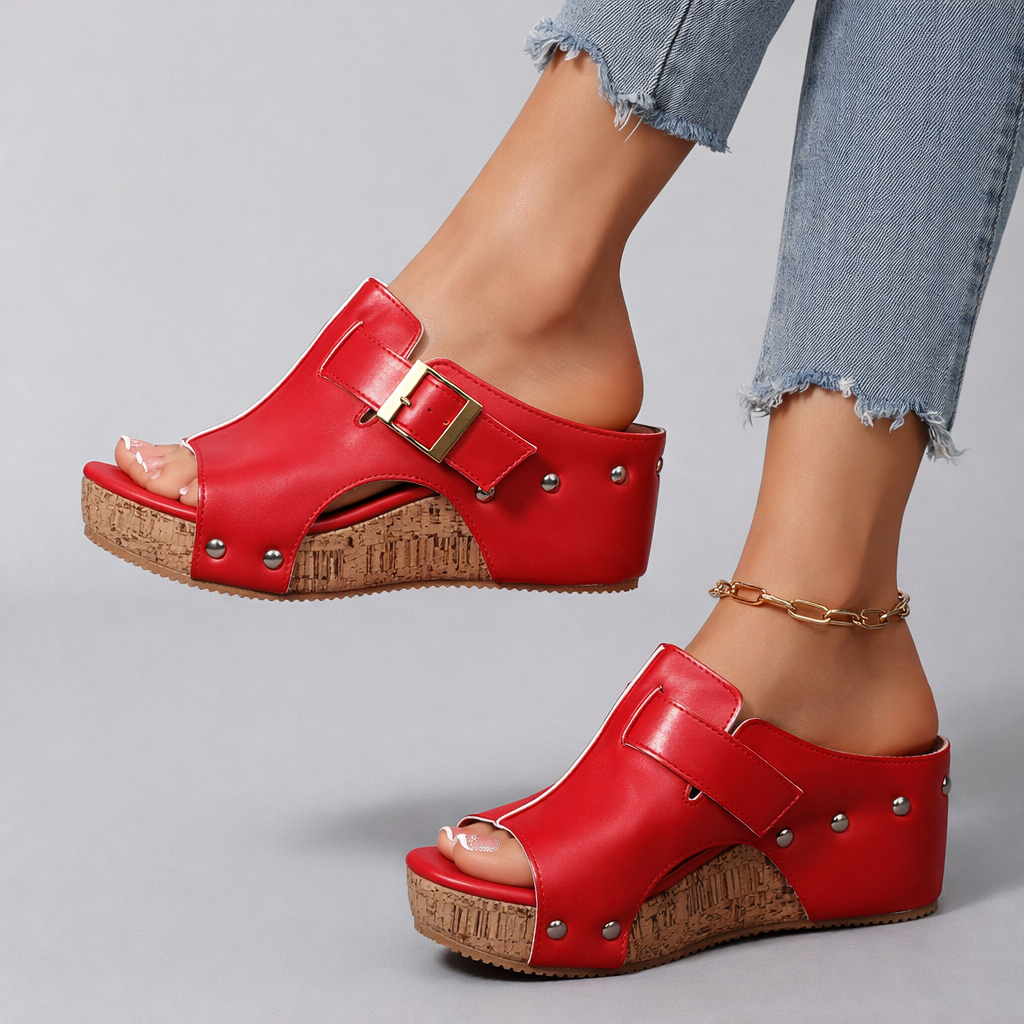 Dames Platform Sandalen met Gesp en Kurken Wedge Zool Rood