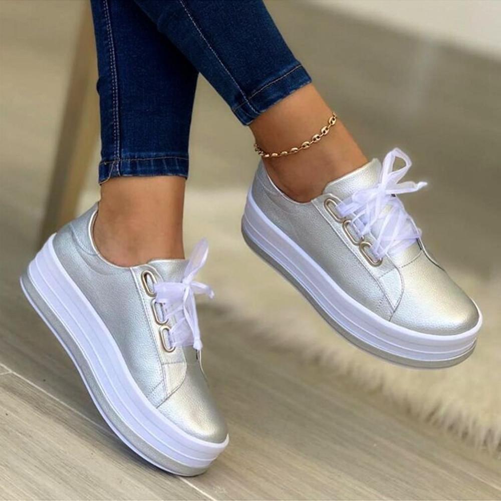 Dames Platform Sneakers met Vetersluiting en Dikke Zool Zilver