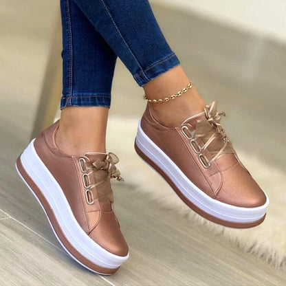 Dames Platform Sneakers met Vetersluiting en Dikke Zool Roze