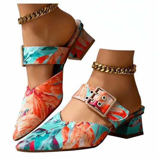 Dames Pumps met Bloemenprint, Enkelbandje en Blokhak