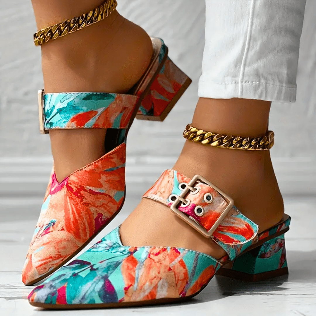 Dames Pumps met Bloemenprint, Enkelbandje en Blokhak