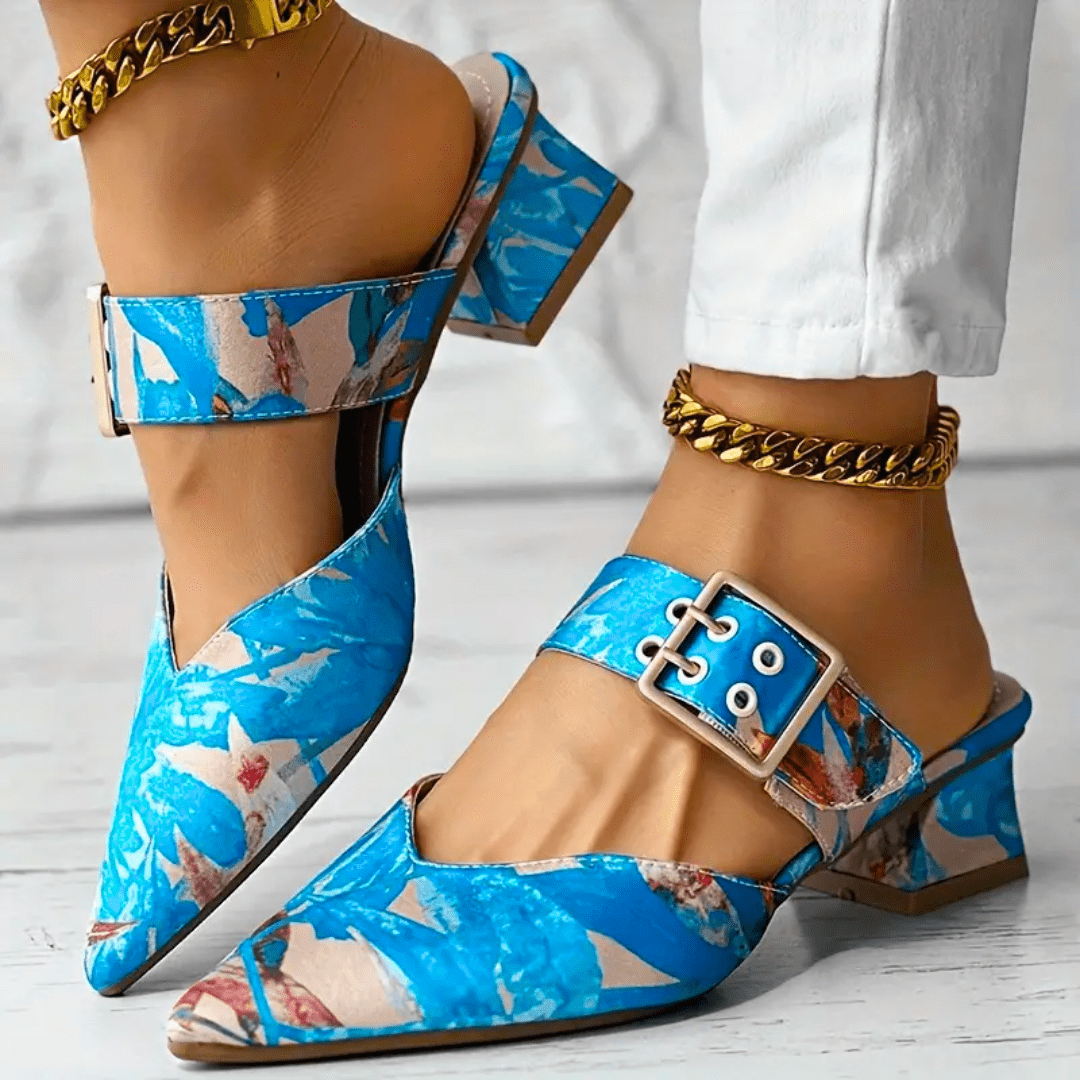 Dames Pumps met Bloemenprint, Enkelbandje en Blokhak