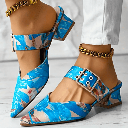 Dames Pumps met Bloemenprint, Enkelbandje en Blokhak