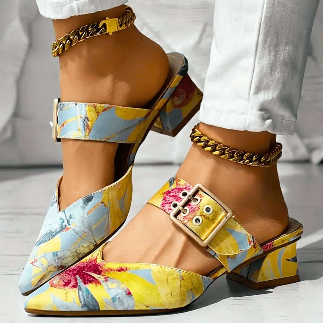 Dames Pumps met Bloemenprint, Enkelbandje en Blokhak Geel