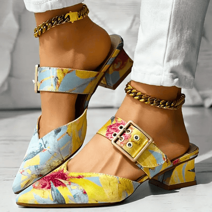 Dames Pumps met Bloemenprint, Enkelbandje en Blokhak Geel