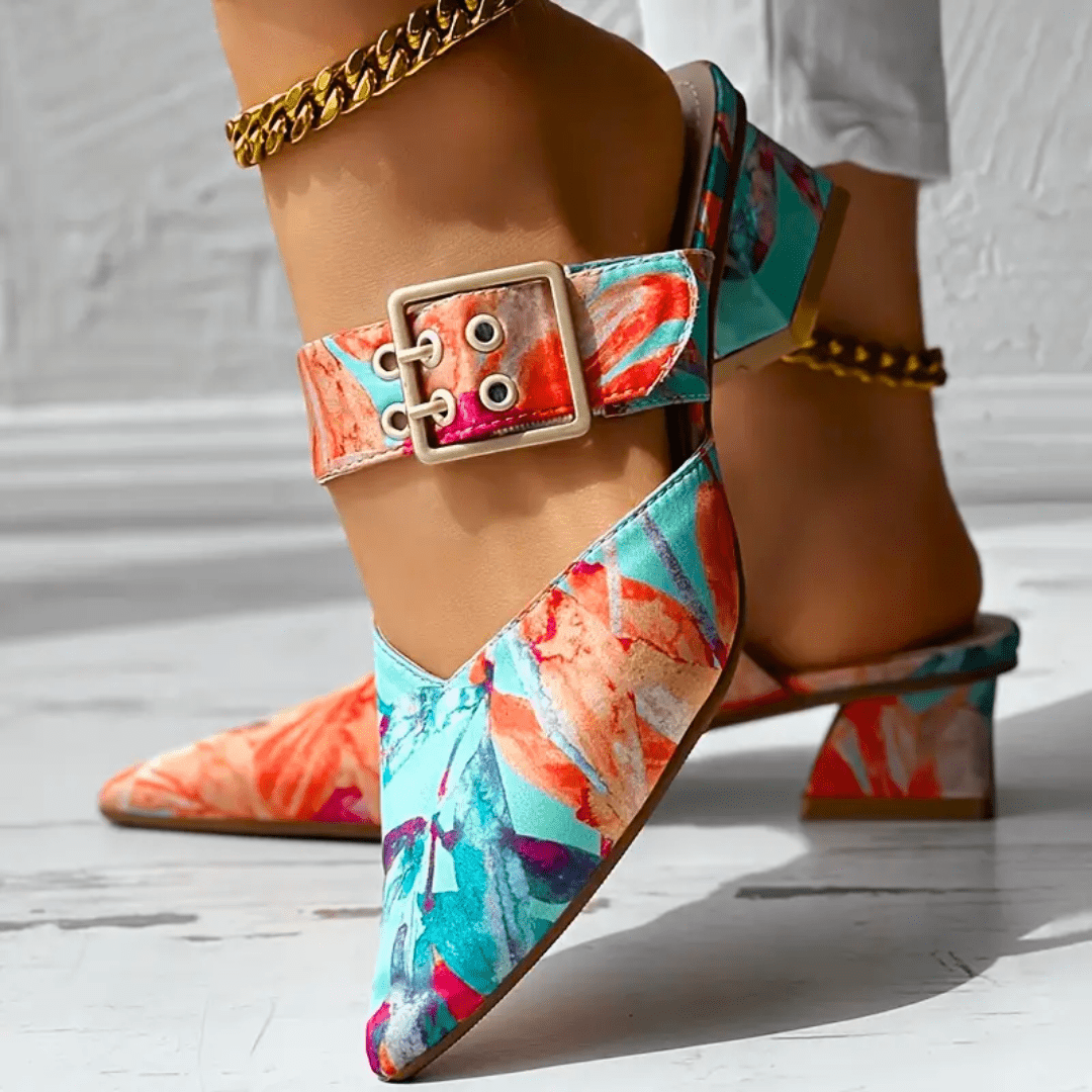 Dames Pumps met Bloemenprint, Enkelbandje en Blokhak