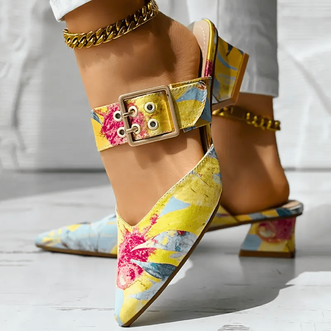 Dames Pumps met Bloemenprint, Enkelbandje en Blokhak