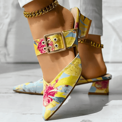 Dames Pumps met Bloemenprint, Enkelbandje en Blokhak