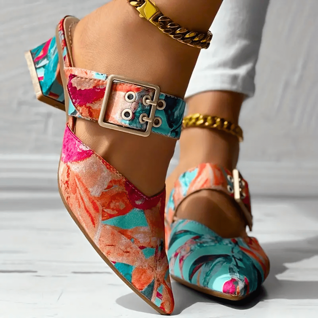 Dames Pumps met Bloemenprint, Enkelbandje en Blokhak Oranje