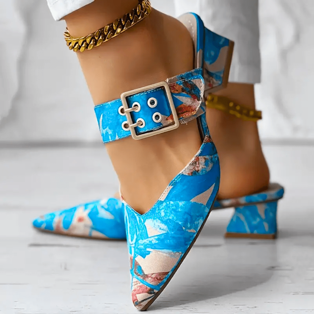 Dames Pumps met Bloemenprint, Enkelbandje en Blokhak Blauw