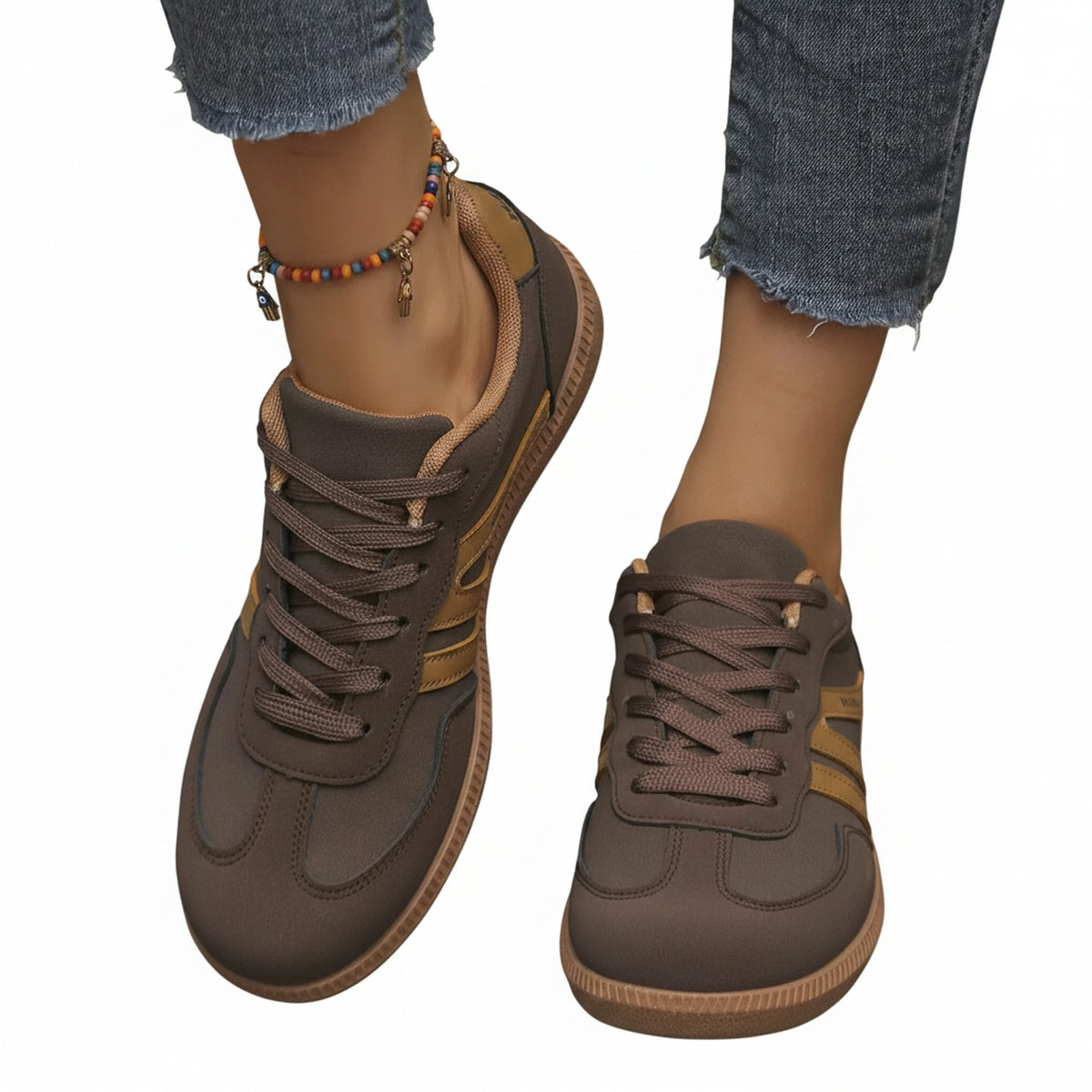 Dames Retro Sneakers met Vetersluiting en Contrasterende Strepen