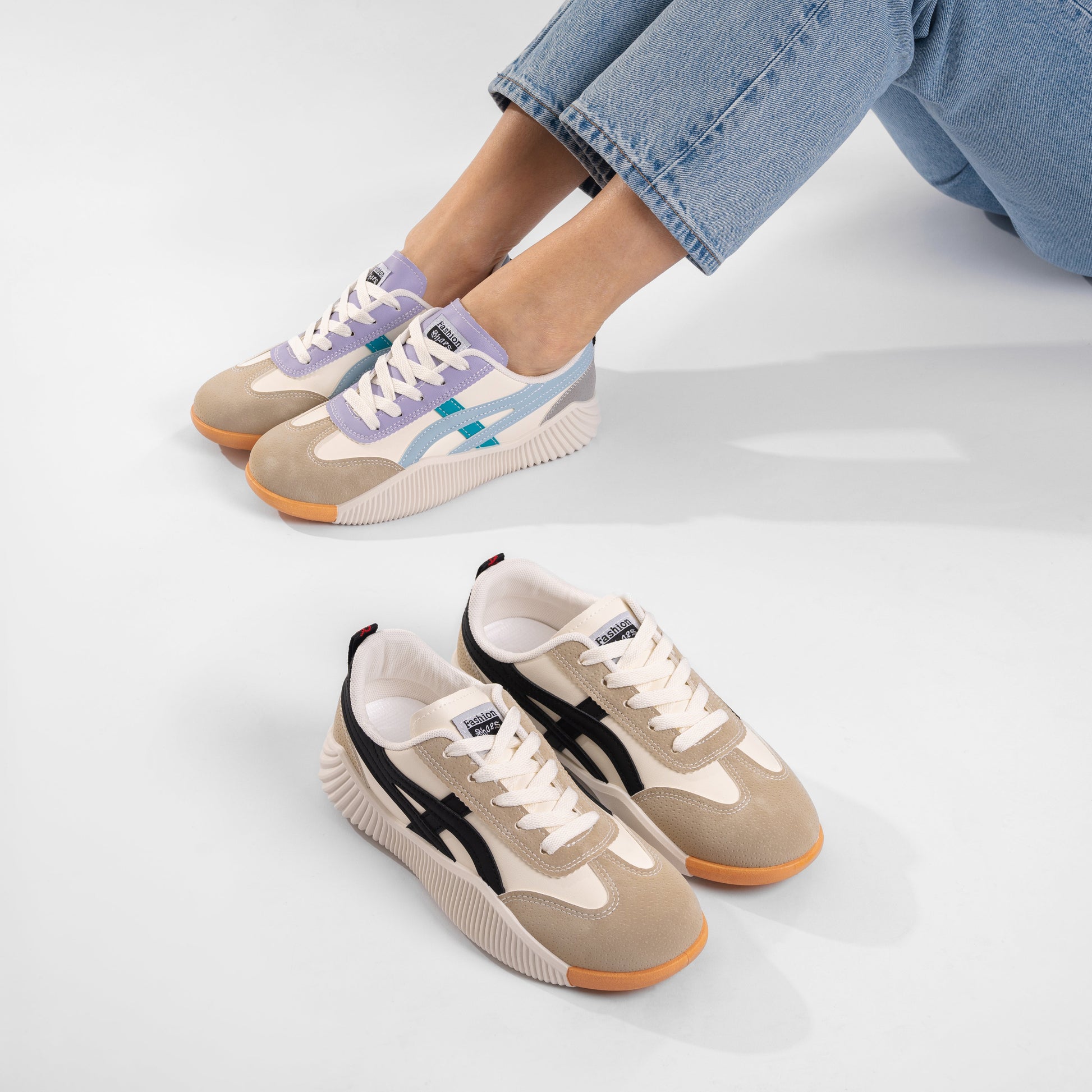 Dames Retro Sneakers met Vetersluiting en Geprofileerde Zool