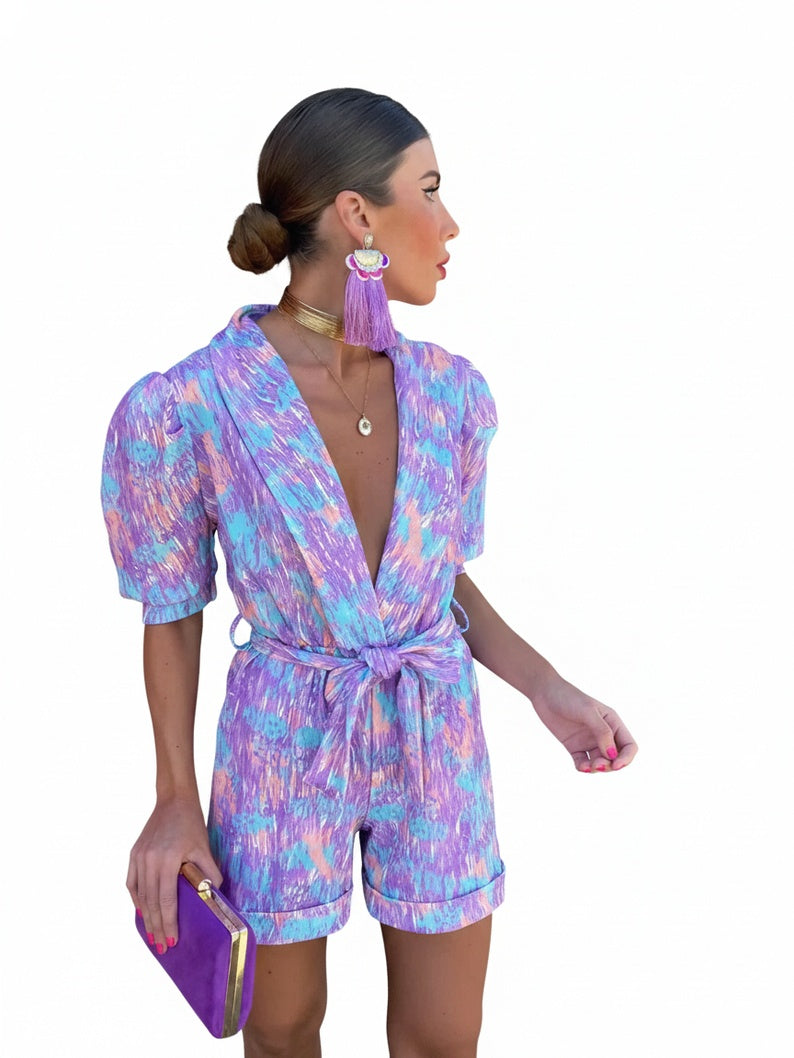 Dames Romper met Pofmouwen en Strikceintuur met Print