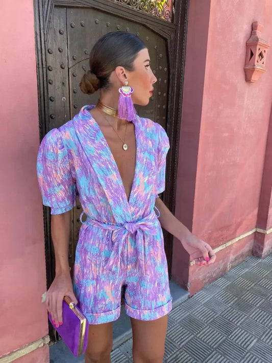 Dames Romper met Pofmouwen en Strikceintuur met Print Lila