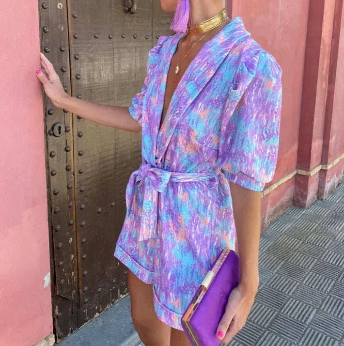 Dames Romper met Pofmouwen en Strikceintuur met Print