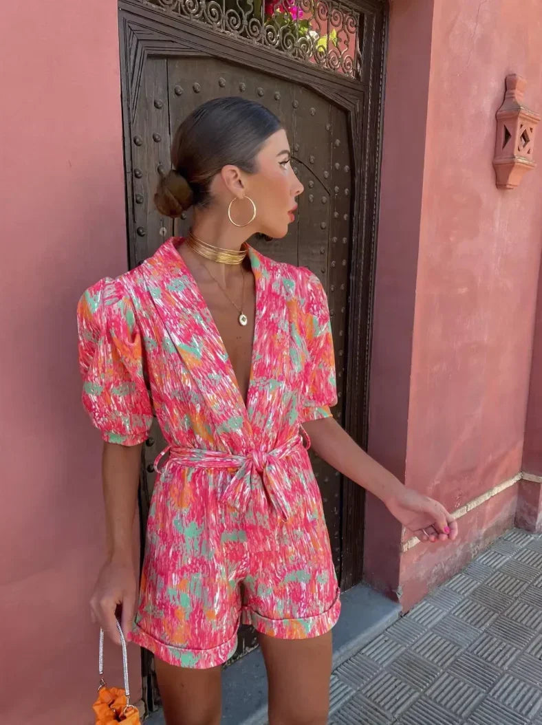 Dames Romper met Pofmouwen en Strikceintuur met Print
