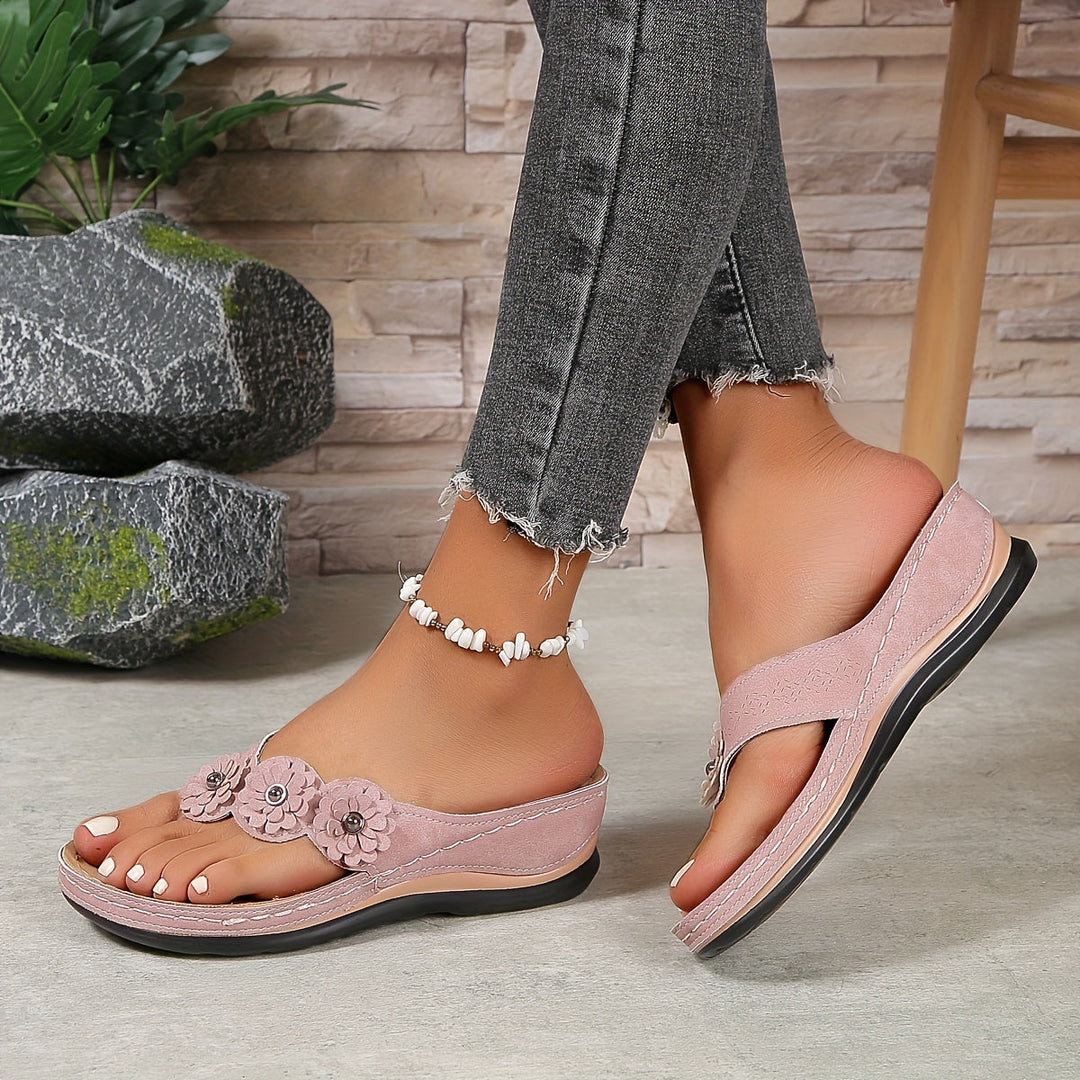Dames Sandalen met Bloemendetail en Sleehak Open Teen Roze