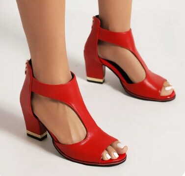 Dames Sandalen met Blokhak en Open Neus en Ritssluiting Rood