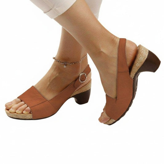Dames Sandalen met Blokhak en Peep Toe op Kurken Zool met Gesp