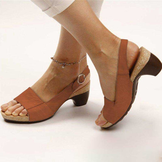 Dames Sandalen met Blokhak en Peep Toe op Kurken Zool met Gesp